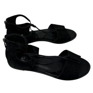 Eileen Fisher Black Suede Flat Sandals Womens Size 9 Back Zipper Open Toe Design
